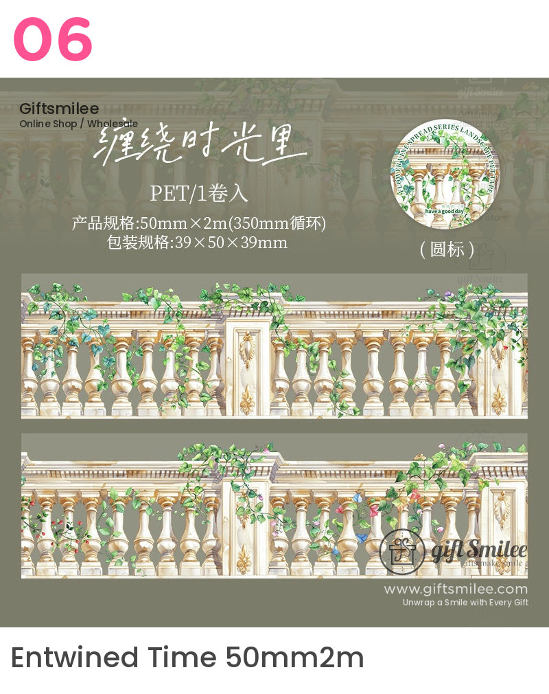 “Entwined Time 50mm x 2m PET washi tape with classical balustrade and green vine design by Giftsmilee”