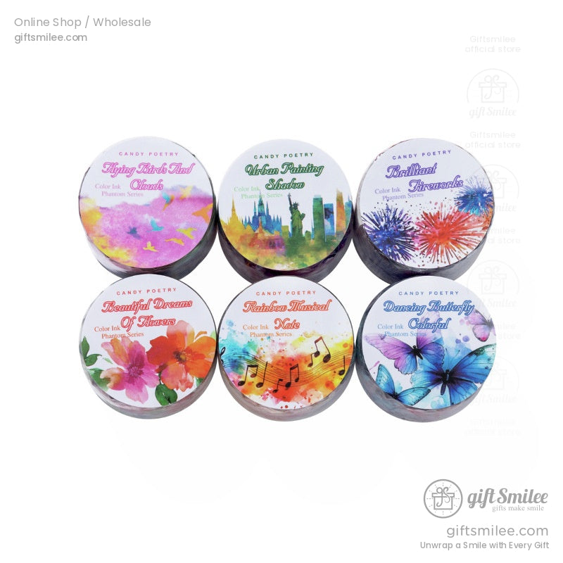 “Candy Poetry color ink pad set – watercolor themed designs including birds, city skyline, fireworks, flowers, music notes, and butterflies – Giftsmilee”