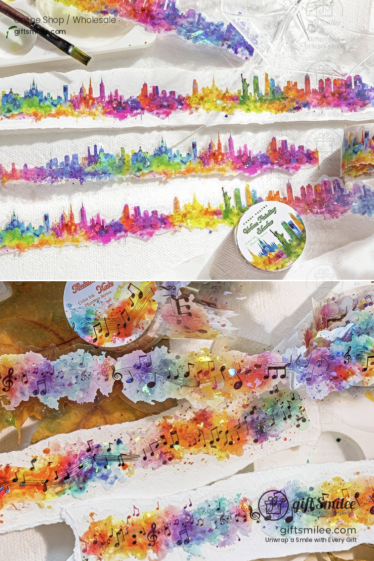Colorful watercolor skyline and music-themed washi tape rolls displayed on a white background with paintbrush and branded labels, ideal for scrapbooking and crafts.