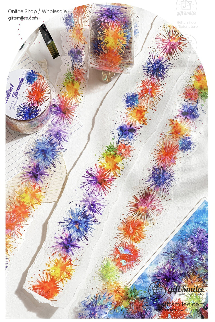 Colorful fireworks-themed washi tape and roller stamp set for scrapbooking and crafts