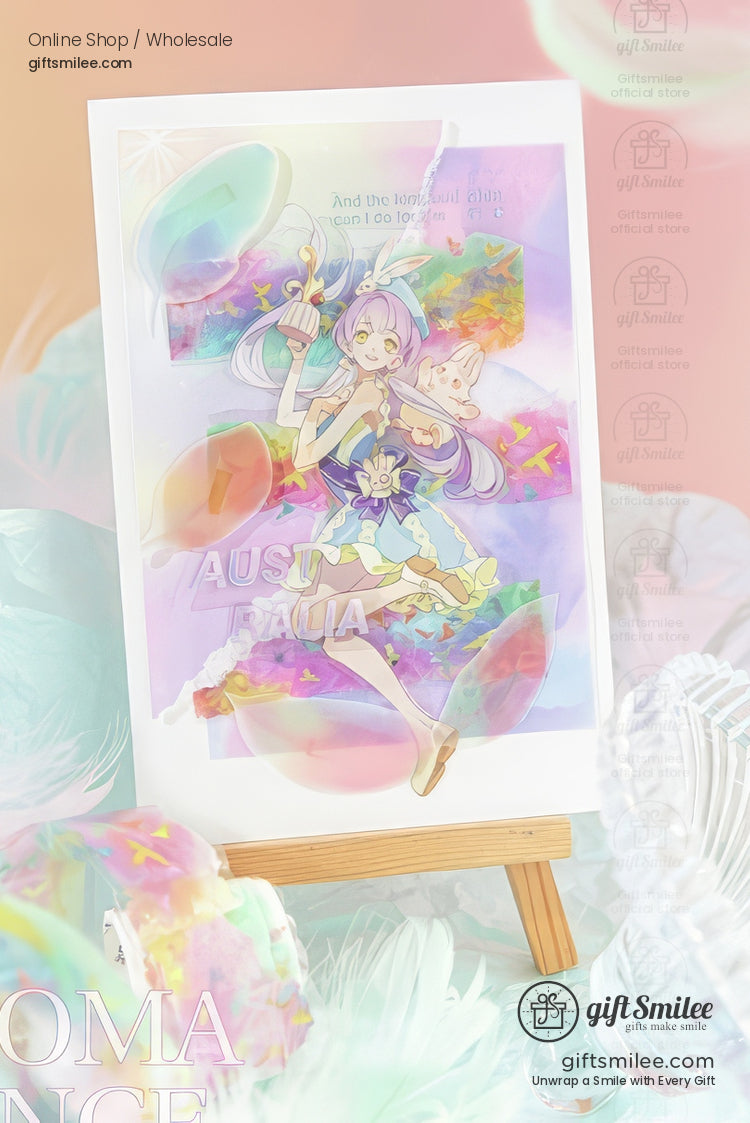 Pastel anime-style magical girl art print on easel by GiftSmilee, kawaii illustration home decor poster for sale