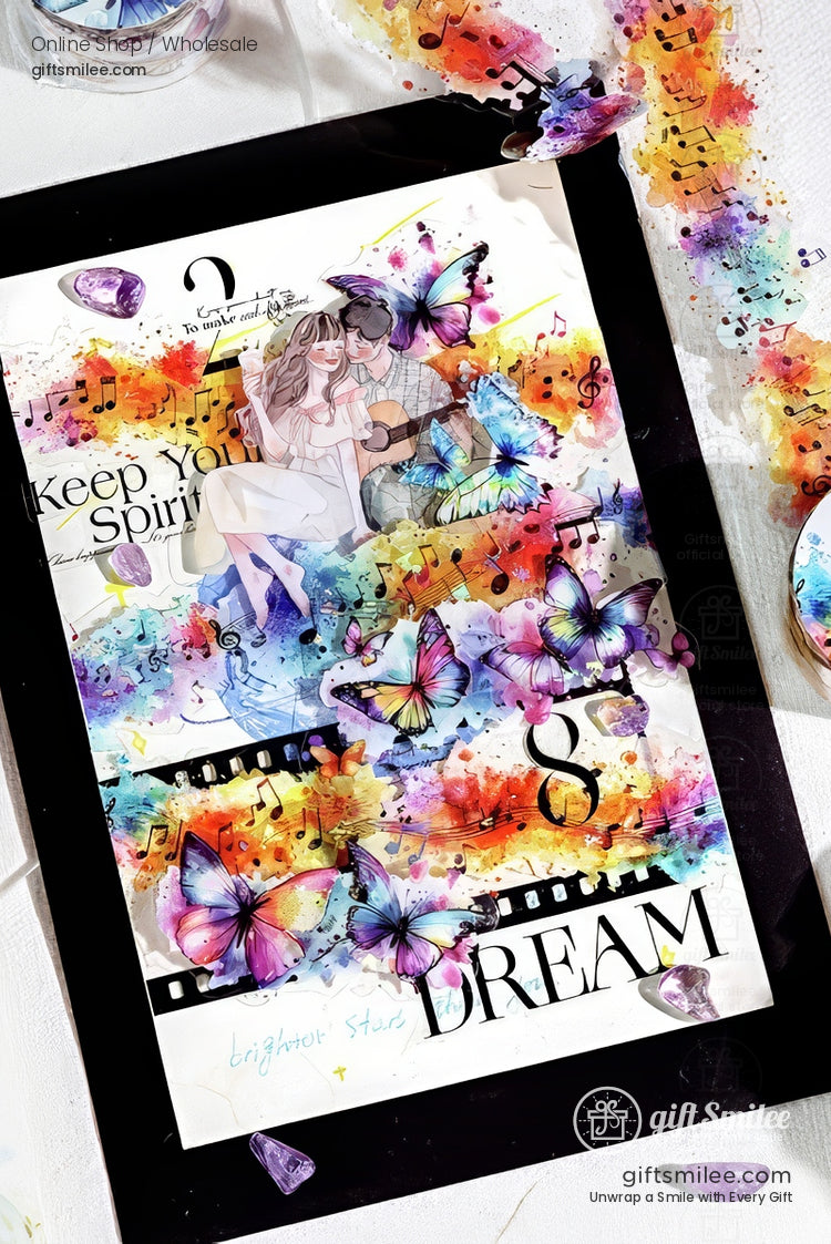 Colorful butterfly and music-themed scrapbook art print with “Dream” text and romantic couple illustration