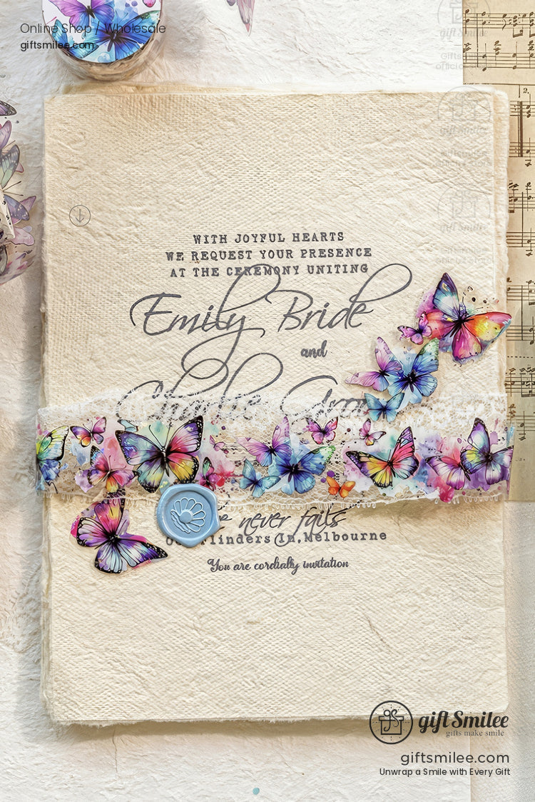 Vintage-style wedding invitation with embossed paper, pastel butterfly ribbon, and wax seal from giftsmilee.com
