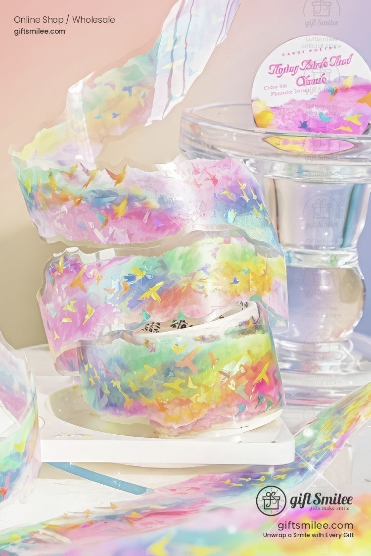 Holographic rainbow star washi tape roll for crafts and scrapbooking by giftSmilee, pastel translucent adhesive tape on display