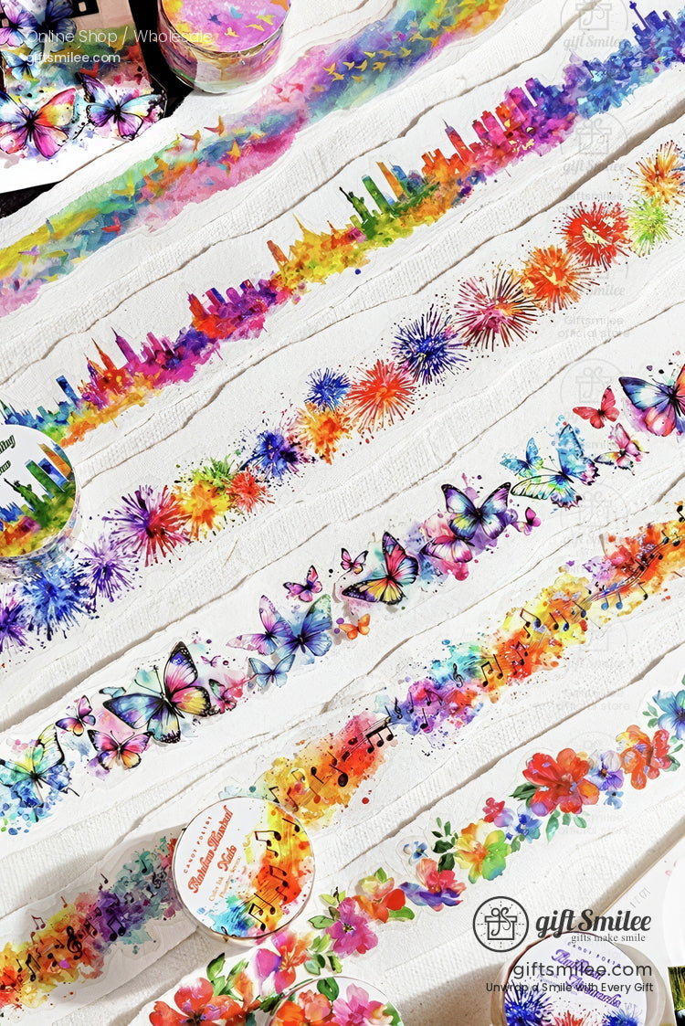 Colorful watercolor washi tapes with rainbow city skylines, fireworks, butterflies, music notes, and floral patterns on white background – decorative crafting tape set by Giftsmilee.