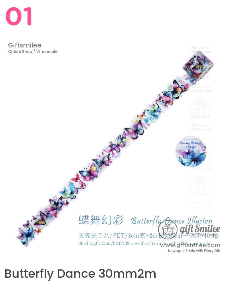“Butterfly Dance PET washi tape, 30mm width x 2m length, colorful butterfly pattern – Giftsmilee”