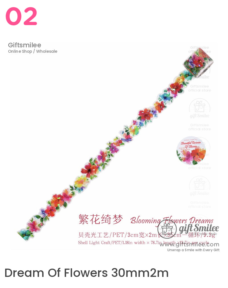 “Dream of Flowers PET washi tape, 30mm x 2m, colorful floral design by Giftsmilee”