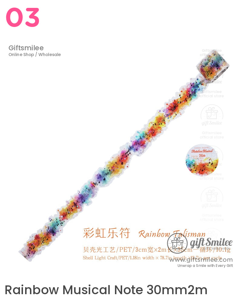 Rainbow musical note PET washi tape, 30mm width x 2m length – colorful decorative tape for crafts and journals from Giftsmilee.