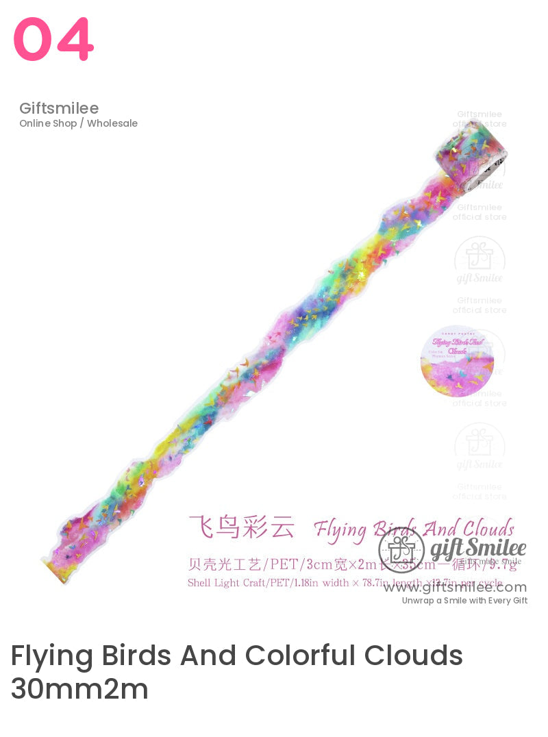 Rainbow washi tape with flying bird pattern, “Flying Birds and Colorful Clouds” design, 30mm x 2m, PET shell light craft from Giftsmilee