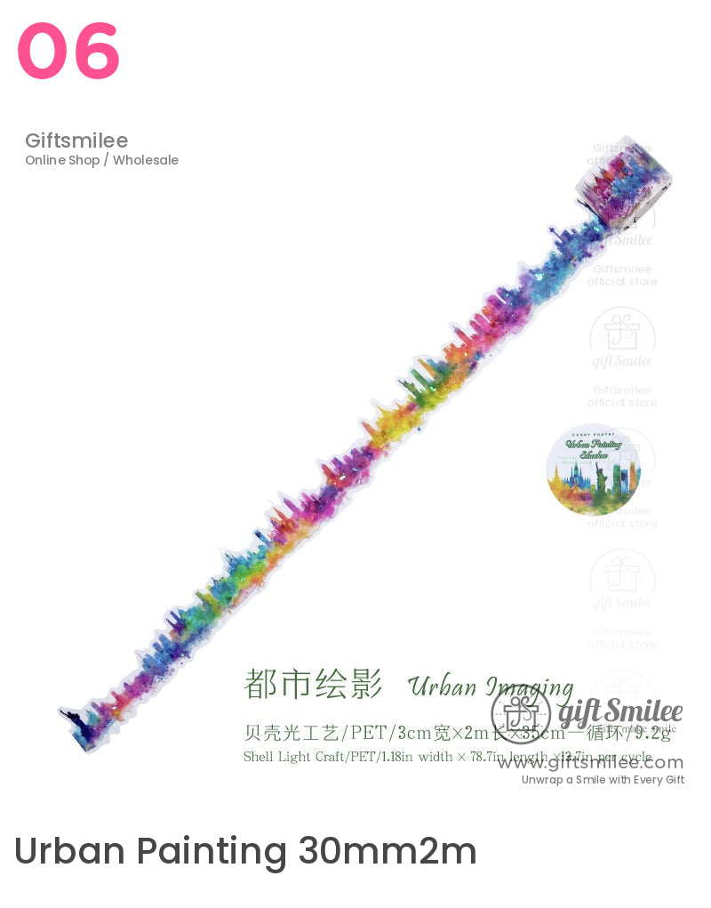 Urban Painting skyline washi tape, 30mm width x 2m length, colorful cityscape design by Giftsmilee for scrapbooking and journaling