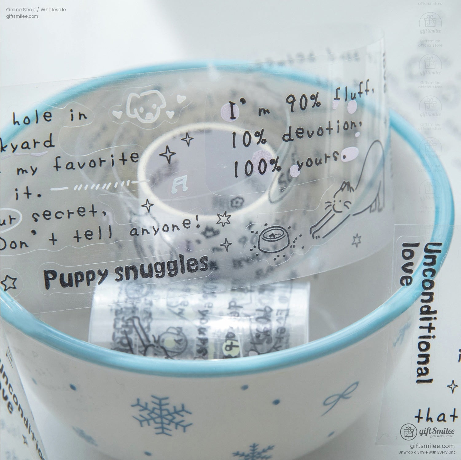 Clear dog-themed washi tape with cute doodles and text “Puppy snuggles” for journaling and crafts