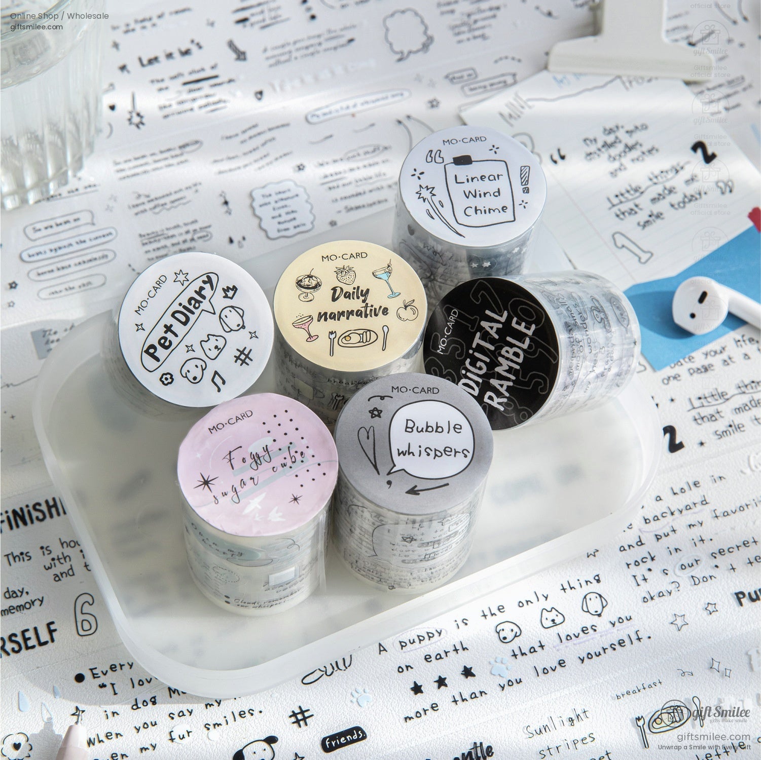 MO-CARD decorative washi tape set with handwritten doodle designs on a white desk tray for journaling and scrapbooking