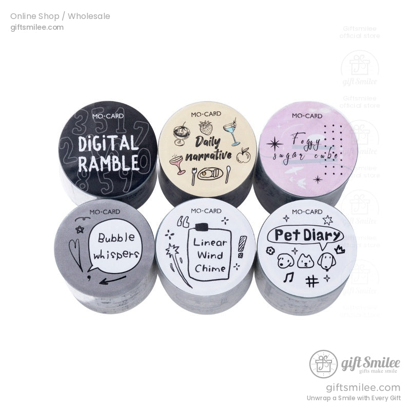Set of six MO-CARD decorative washi tapes with assorted designs and labels including Digital Ramble, Daily Narrative, Foggy Sugar Cube, Bubble Whispers, Linear Wind Chime, and Pet Diary.