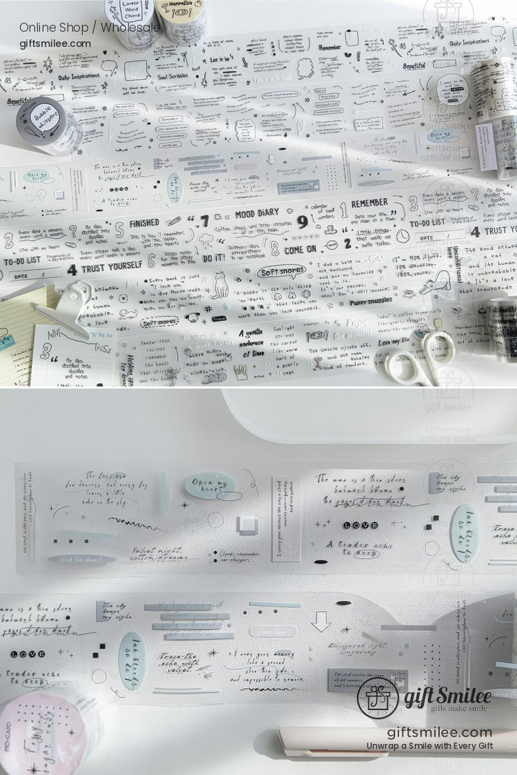 Transparent planner washi tape with minimalist black and pastel icons and quotes, flat lay with scissors and stationery by GiftSmilee for journaling and scrapbooking