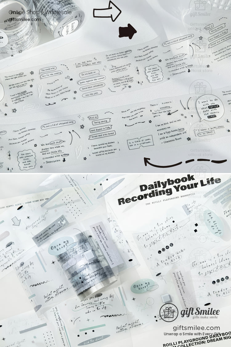 Transparent decorative washi tape set with minimalist doodles and journaling prompts for planners and scrapbooks, styled on a white background.
