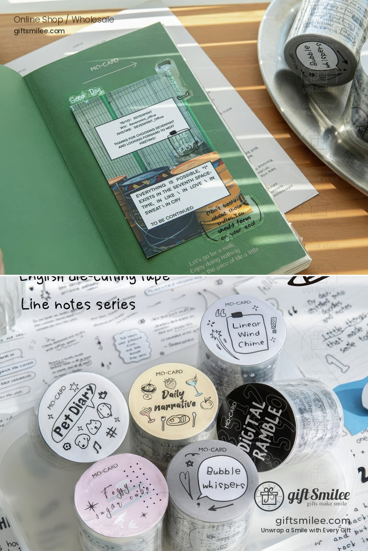 English die-cutting tape from the “Line notes series” displayed in rolls and used on a notebook, by giftSmilee crafting supplies.