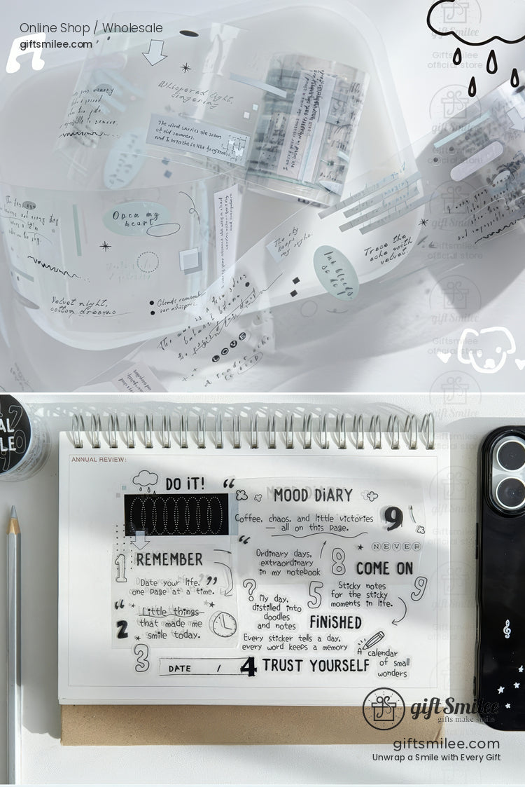 Clear planner stencil set and mood diary stickers for bullet journaling on a desk with notebook and phone