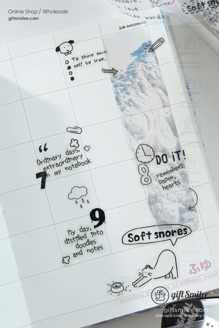 Minimalist planner page with cute doodles, motivational notes, and “Soft snores” cartoon on a gridded weekly layout.