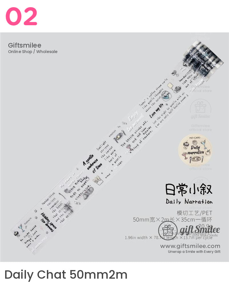 “Giftsmilee Daily Chat washi tape, 50mm width x 2m length, PET masking tape with black text and doodles for journaling and scrapbooking.”