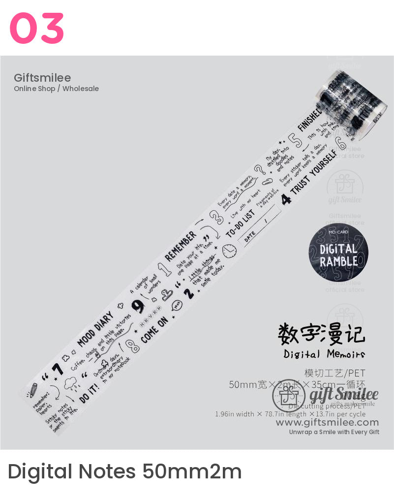 “Digital Notes washi tape 50mm x 2m black and white PET planner stickers by Giftsmilee”