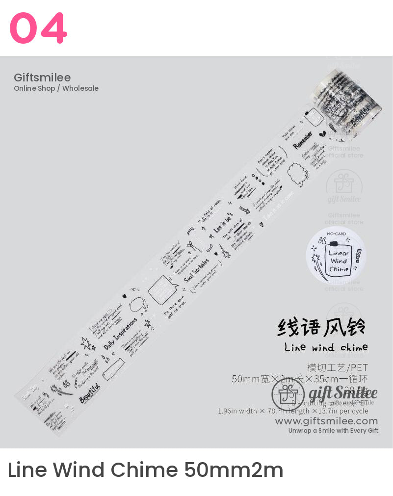 Giftsmilee “Line Wind Chime” PET washi tape, 50mm x 2m, black doodle text and icons on clear tape for journaling and scrapbooking