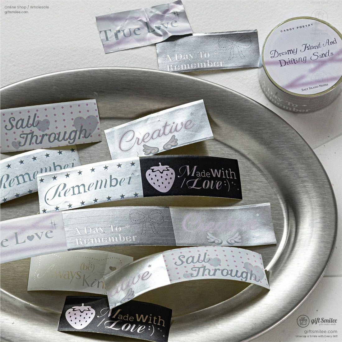Pastel “Candy Poetry” washi tape set with inspirational phrases on metallic labels, styled on a silver tray for craft and gift wrapping.