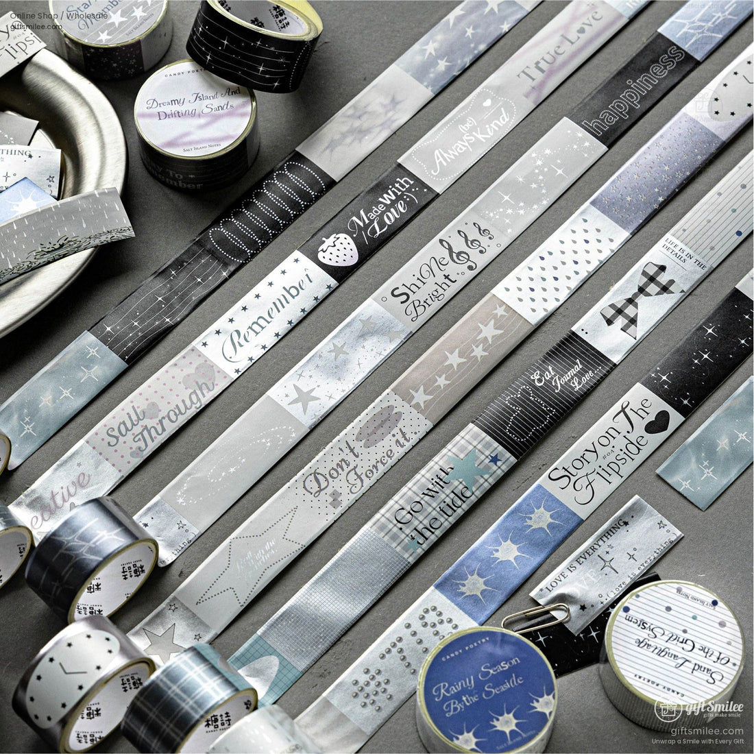 Pastel “Candy Poetry” washi tape set with inspirational phrases on metallic labels, styled on a silver tray for craft and gift wrapping.
