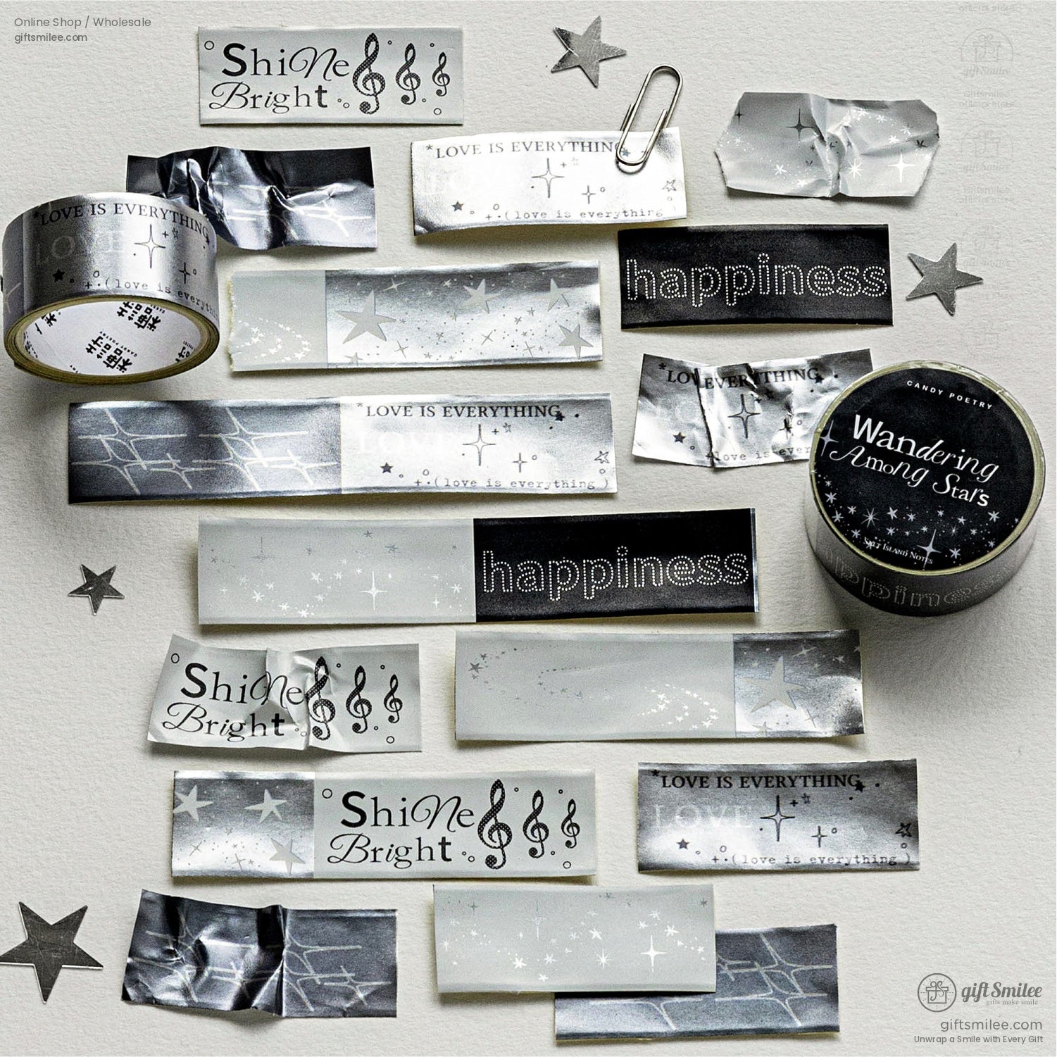 Black and silver “Shine Bright” and “Happiness” decorative washi tape set with starry night designs on a white background