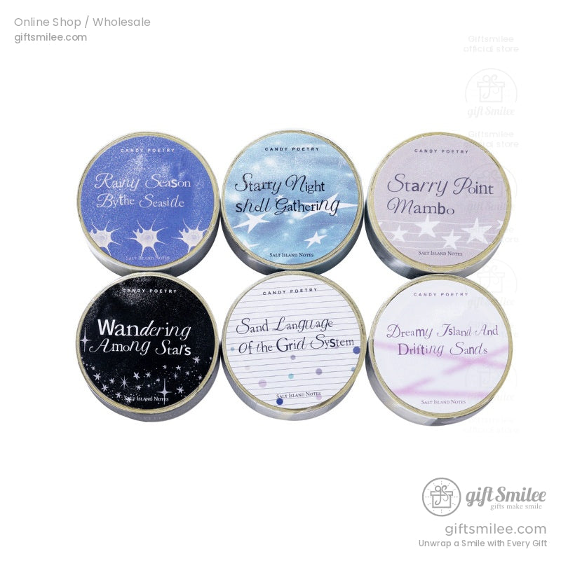 Set of six round “Candy Poetry” washi tape tins by GiftSmilee with celestial and seaside themes including Rainy Season, Starry Night, Starry Point, Wandering Among Stars, Sand Language, and Dreamy Island designs.