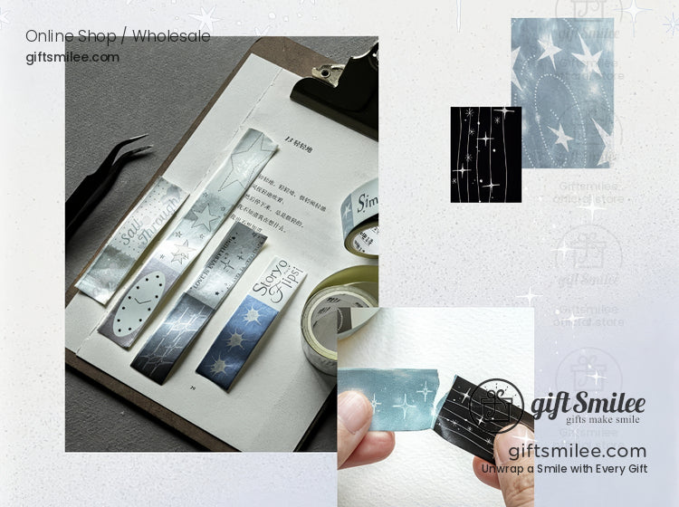 Silver and navy starry night washi tapes displayed on a notebook, with close-up swatches and “giftSmilee” branding.