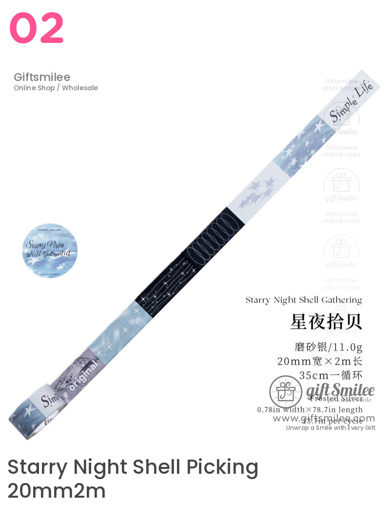 Giftsmilee “Starry Night Shell Picking” washi tape, 20mm x 2m, starry sky design in silver and blue