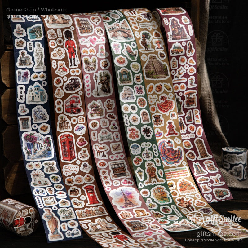 Travel-themed decorative sticker rolls featuring landmarks, food, and culture icons for scrapbooking and journaling (GiftSmilee).