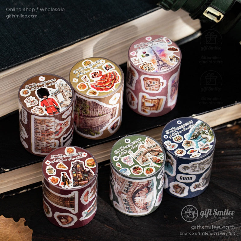 Travel-themed decorative sticker rolls featuring landmarks, food, and culture icons for scrapbooking and journaling (GiftSmilee).