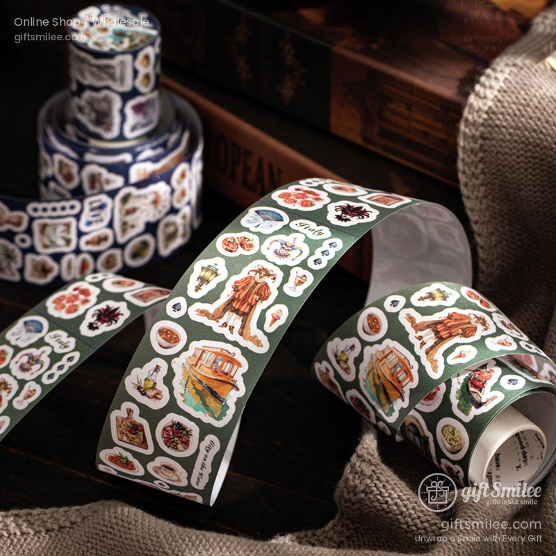 Vintage-style illustrated sticker roll for journals and scrapbooking, featuring travel, food, and nature designs on green washi tape, Giftsmilee brand.