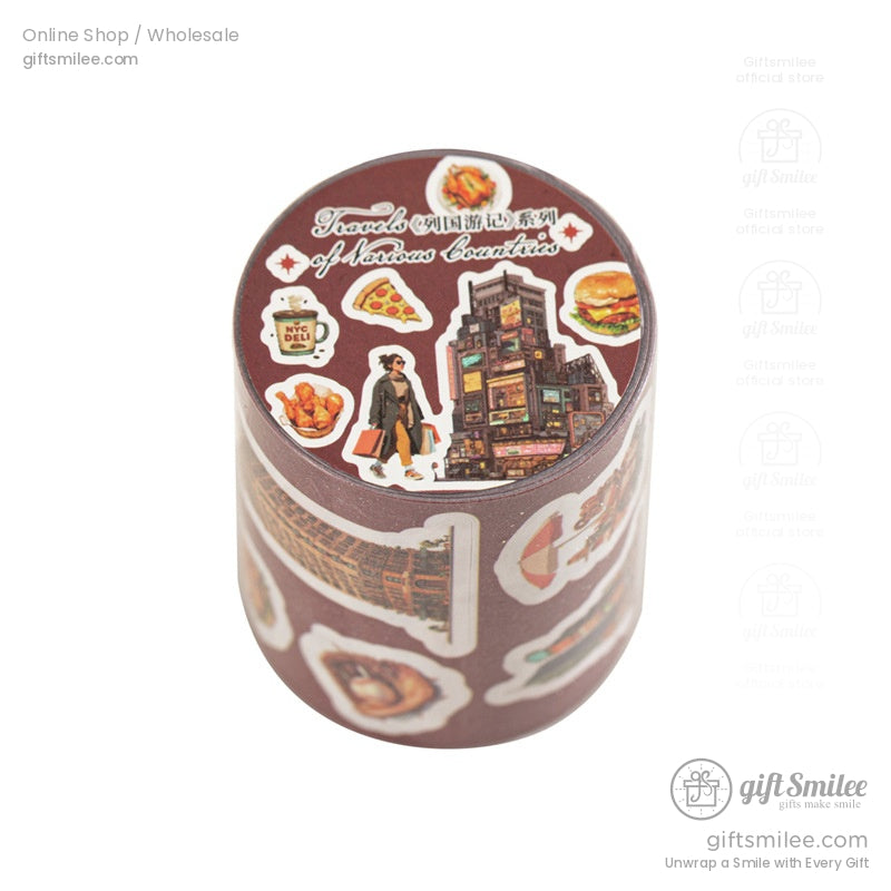 Travel-themed washi tape roll with New York city stickers and food icons from Giftsmilee