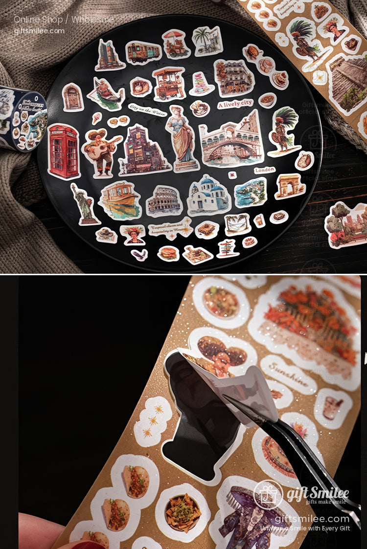 Vintage travel-themed sticker set on a black plate featuring landmarks, statues, and postcards, ideal for journaling and scrapbooking.