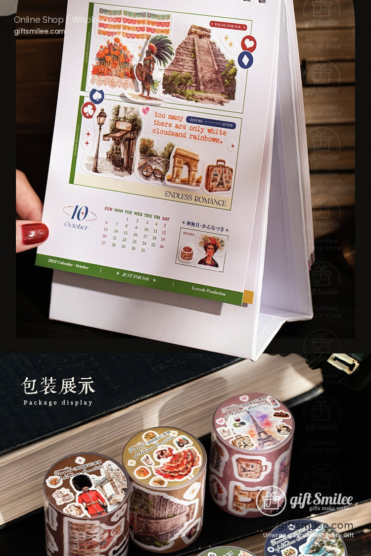 Vintage-style desk calendar and decorative washi tapes for journaling and scrapbooking, package display from GiftSmilee shop