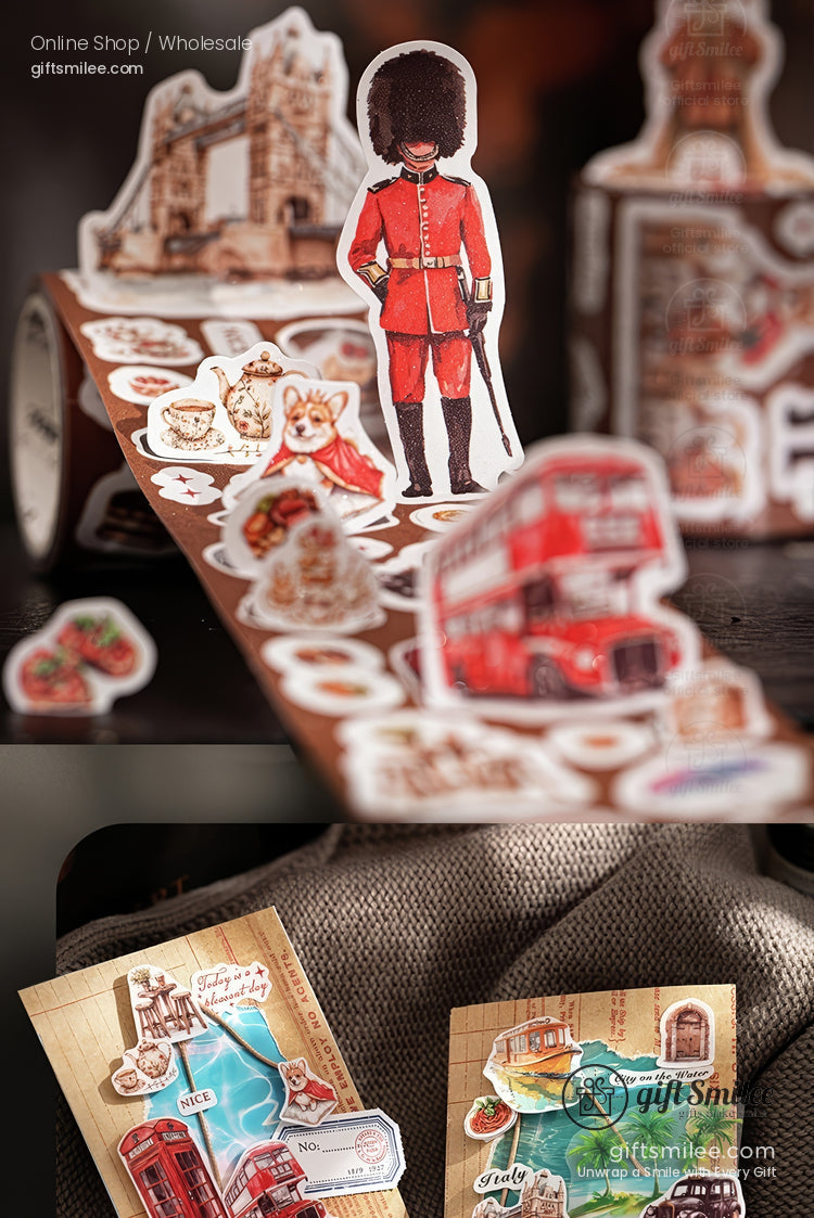 London-themed decorative sticker roll featuring guard, red double-decker bus, corgi, and landmark illustrations for journaling and scrapbooking.