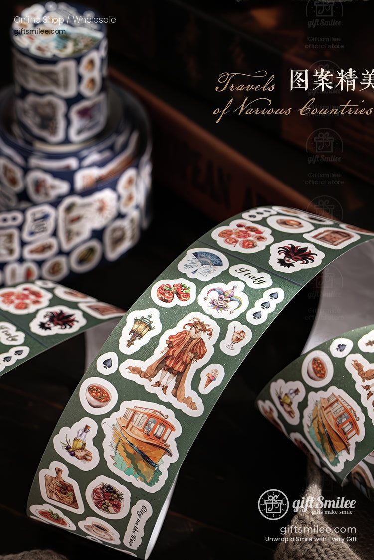 Travel-themed washi tape stickers roll with vintage illustrations and country icons, ideal for scrapbooking and journaling.