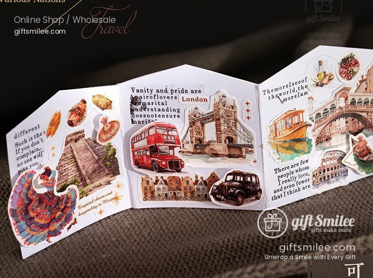 Travel-themed sticker sheet featuring London and Rome icons like double-decker bus, Tower Bridge, Colosseum, pizza, and gelato from giftSmilee.