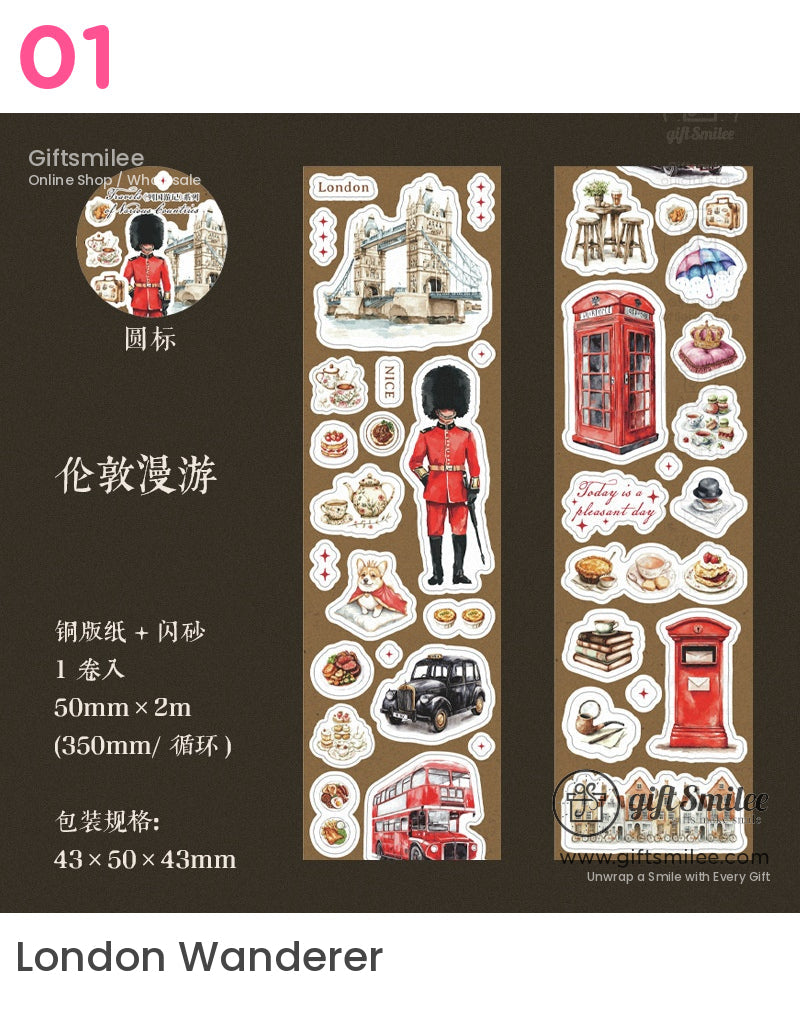 “London Wanderer sticker set – watercolor London icons with red bus, phone booth, Tower Bridge, royal guard, and tea-time motifs on brown background”