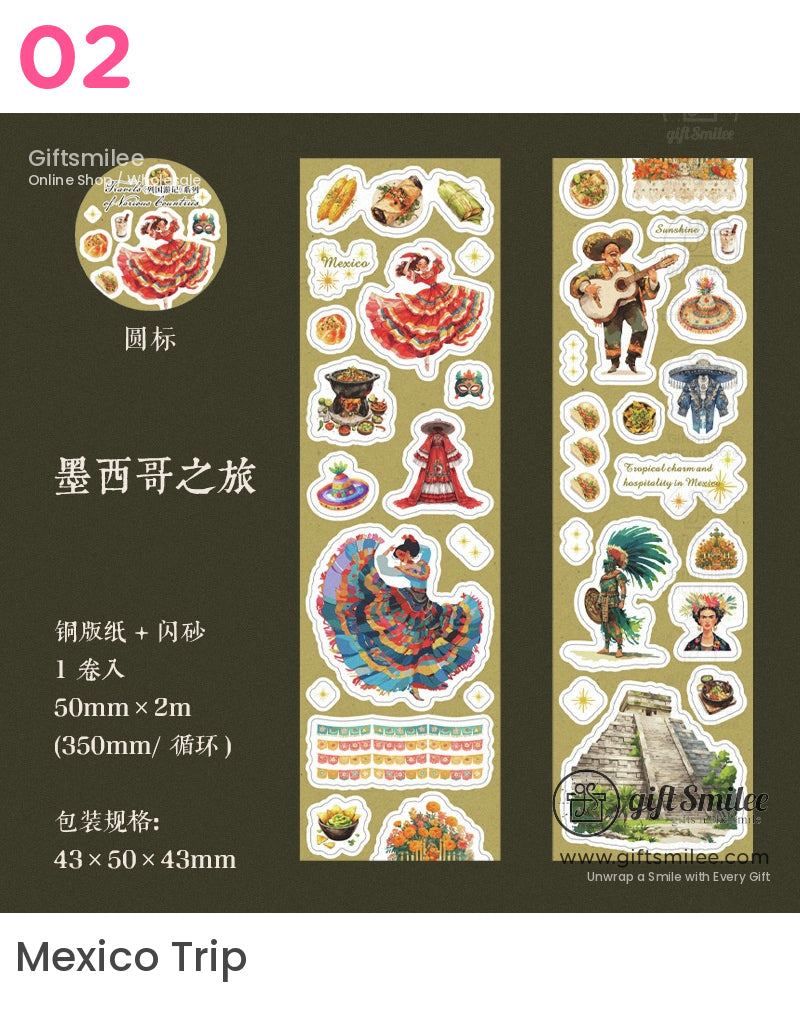 “Mexico Trip sticker set featuring Mexican dancer, mariachi, tacos, Frida-style portrait, Aztec warrior, and Chichen Itza illustrations – Giftsmilee decorative stickers”