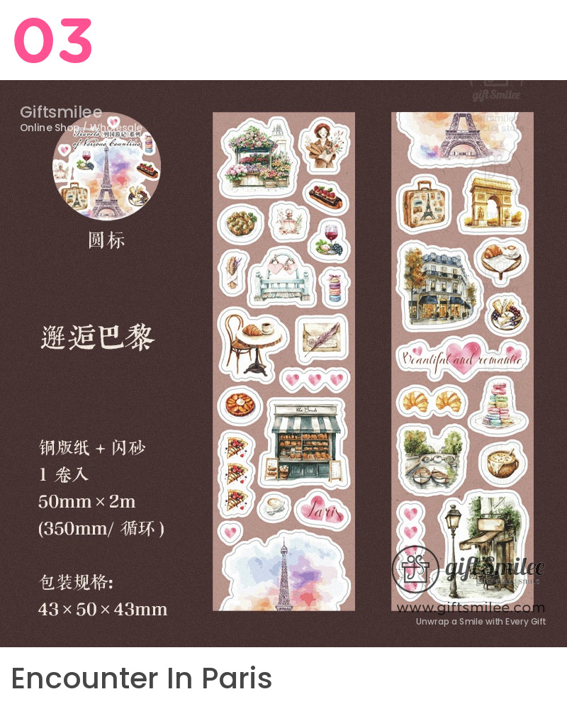 “Encounter in Paris themed sticker set – pastel Paris icons like Eiffel Tower, Arc de Triomphe, cafe, pastries and hearts – Giftsmilee decorative stickers for journaling and scrapbooking.”