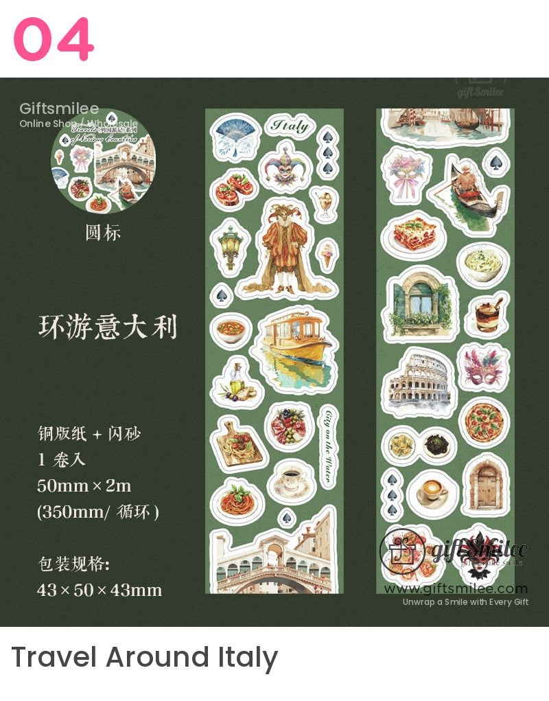 “Travel Around Italy sticker set – Italian landmarks, gondola, pasta dishes, masks and coffee illustrations on green background for scrapbooking and journaling.”