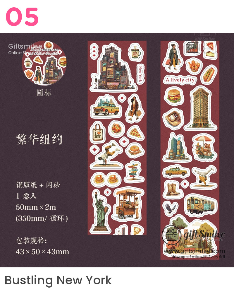 “Bustling New York themed sticker roll – NYC landmarks, taxi, Statue of Liberty, food icons, and city scenes on maroon background – giftsmilee”