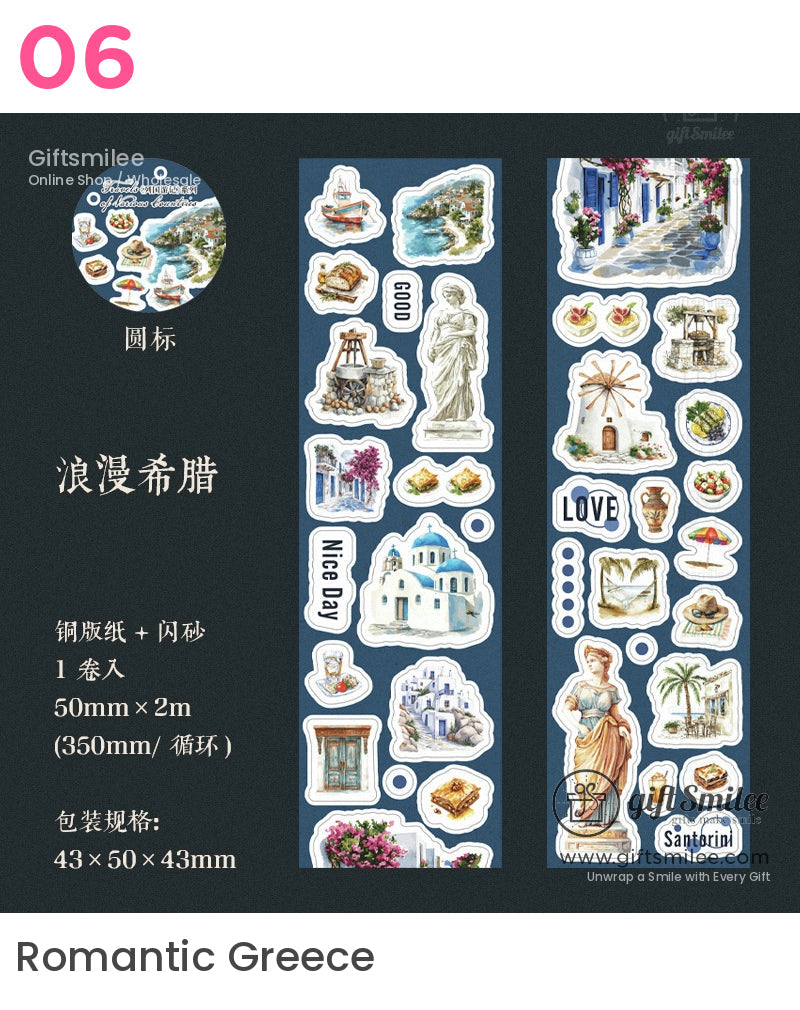 “Romantic Greece themed sticker roll featuring Santorini blue-domed church, coastal scenes, windmill, statues, and Mediterranean icons – Giftsmilee decorative washi stickers.”