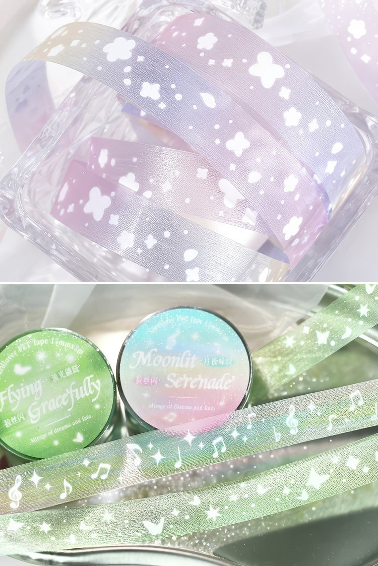 Pastel gradient washi tape with white floral star and music note patterns featuring a shimmering glitter finish