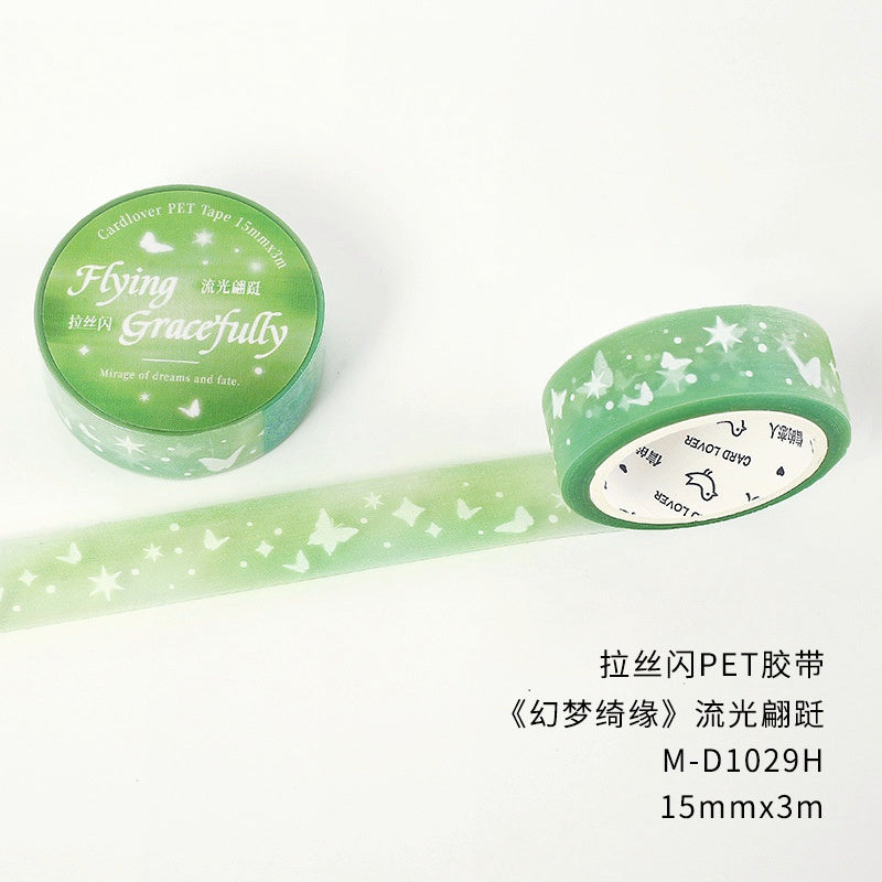 Green PET decorative tape with white butterfly and star patterns 15mm wide glossy finish 3m roll length