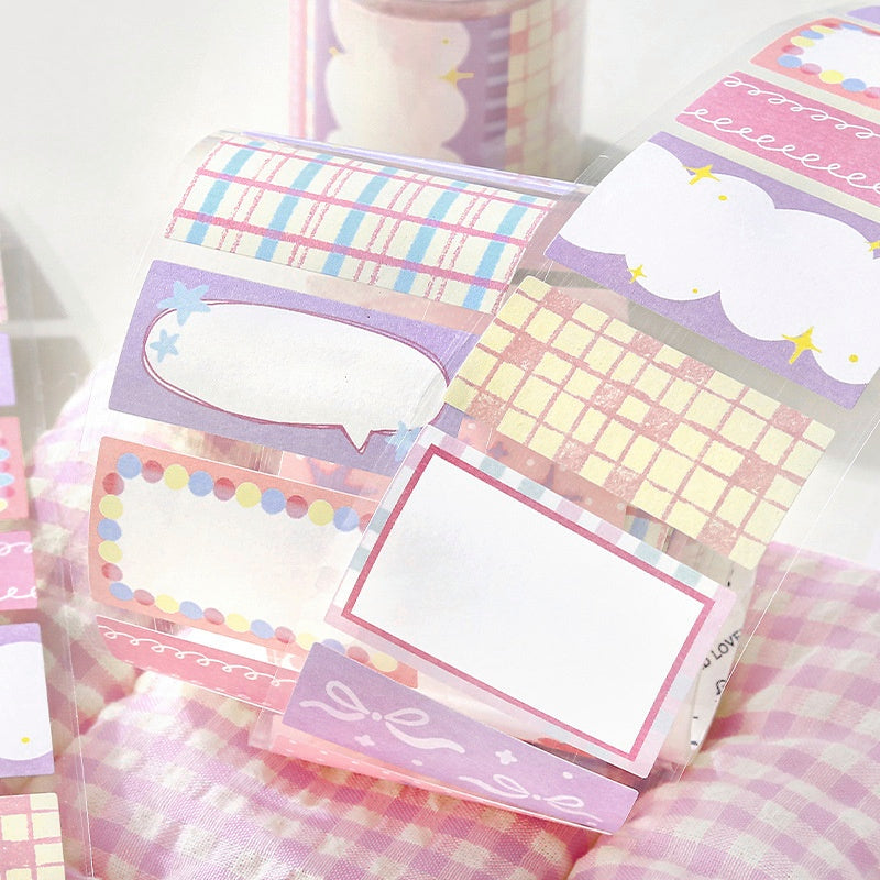 Pastel decorative sticker roll with speech bubbles plaid and cloud designs in pink purple yellow and blue tones