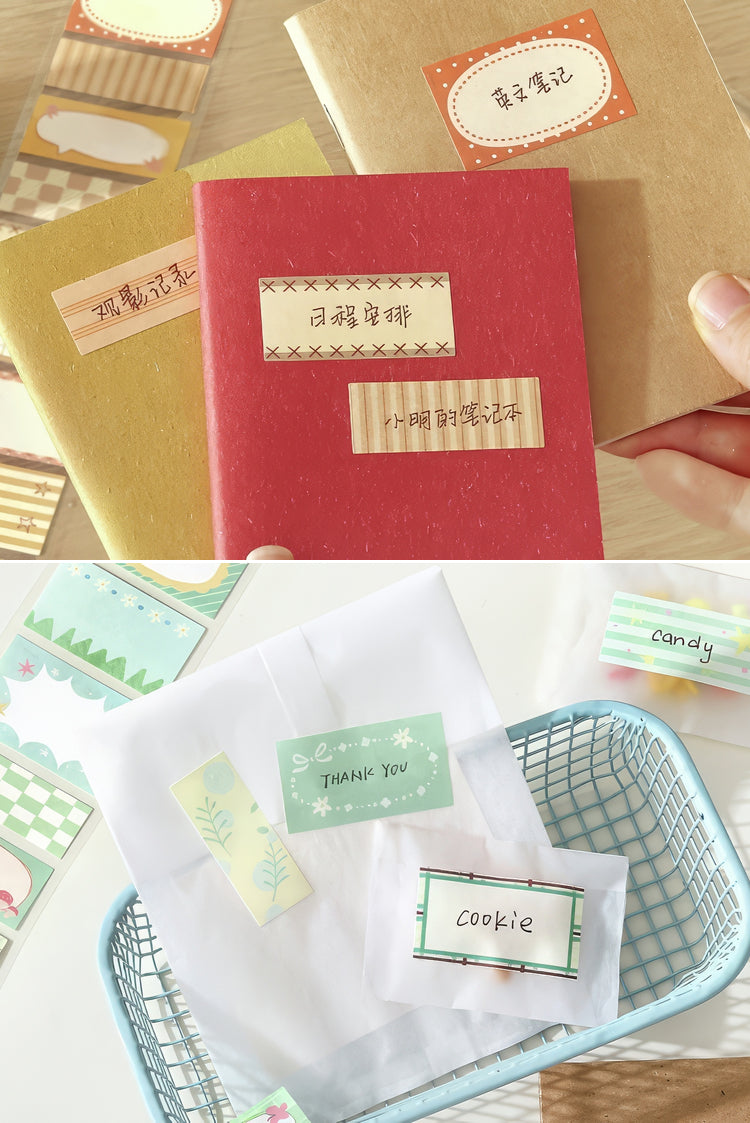 Assorted kraft and red paper notebooks with decorative labels paired with pastel gift tags in a blue wire basket